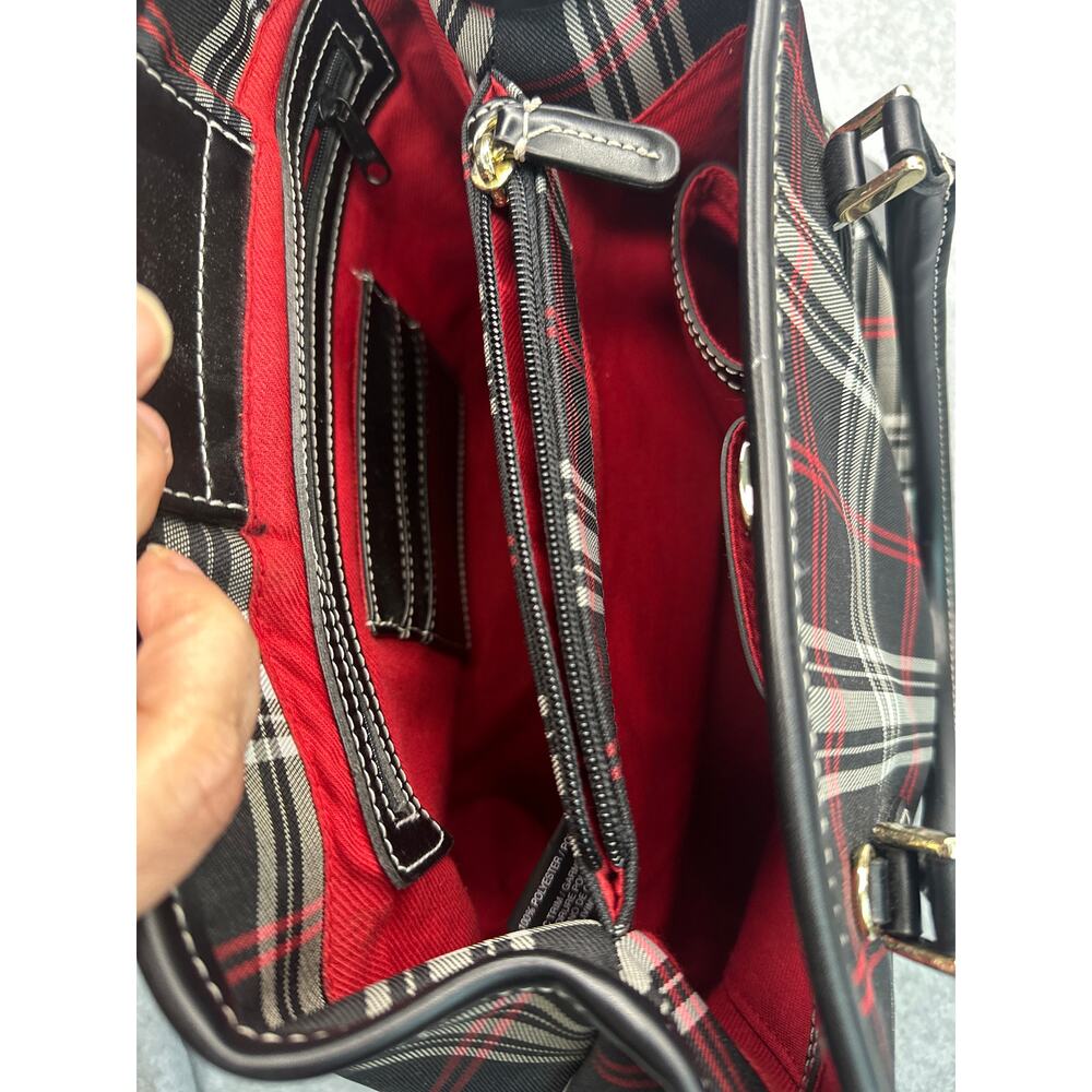 Tartan Plaid Top Handle Satchel Tote Trim Black Red - Picture 4 of 12